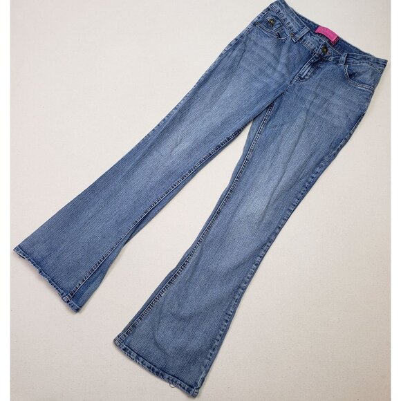GLO Embellished Flare Leg Button Pockets Zip Up Med Wash Jeans Jr Sz 7 EXCELLENT - Picture 1 of 10